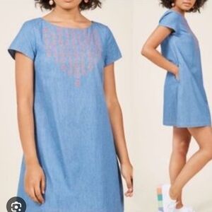 Modcloth Chambray Orange Embroidered Shift Dress Pockets Size Small